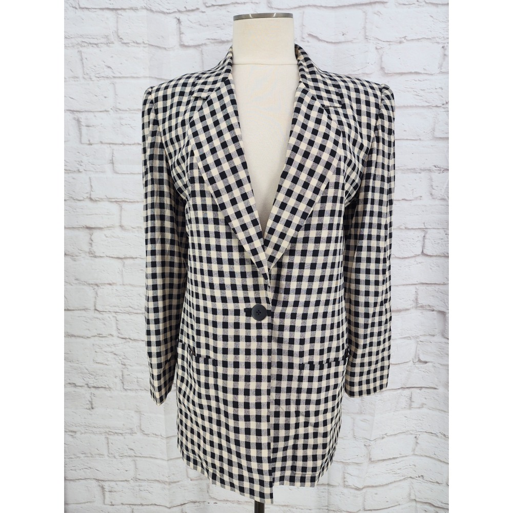 Vintage 100% Silk Gingham Blazer Longline Black Cream Size 6 Clean Girl Minimal